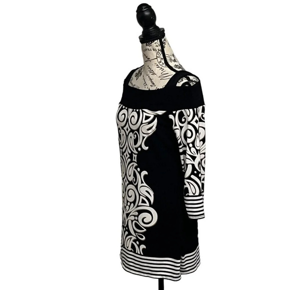 Cache Black White Cold Shoulder Mini Dress M | Geometric Paisley Knit Retro Y2K - Picture 3 of 9